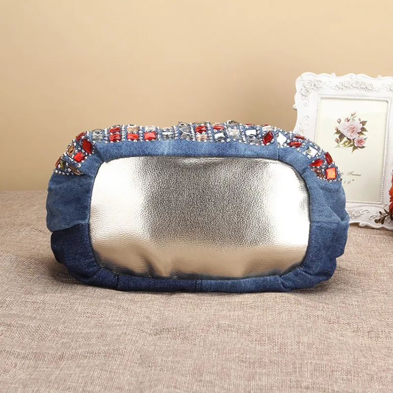 

Chic Woman Denim Handbags Bags Luxury Diamond Rhinestone Shoulder Bags Fashion Blue Small Totes Bags Jean Bolsas Femininas