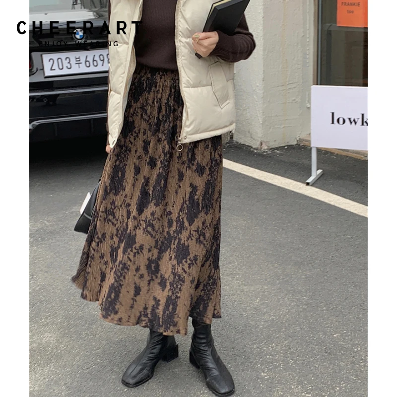 

Длинная Вельветовая юбка CHEERART коричневого цвета, Женская корейская мода, трапециевидная юбка средней длины с завышенной талией, зимняя осе...