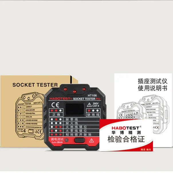 

HT106 Mini Socket Tester Pro Voltage Test Socket Detector UK EU Plug Ground Zero Line Plug Polarity Phase Check 48-250V LCD