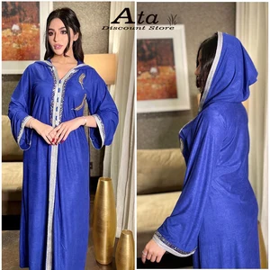 Velvet Kaftan India Pakistan Long Abaya For Lady Muslim Islam Clothing jalabiya Middle Eastern National style hooded Robe