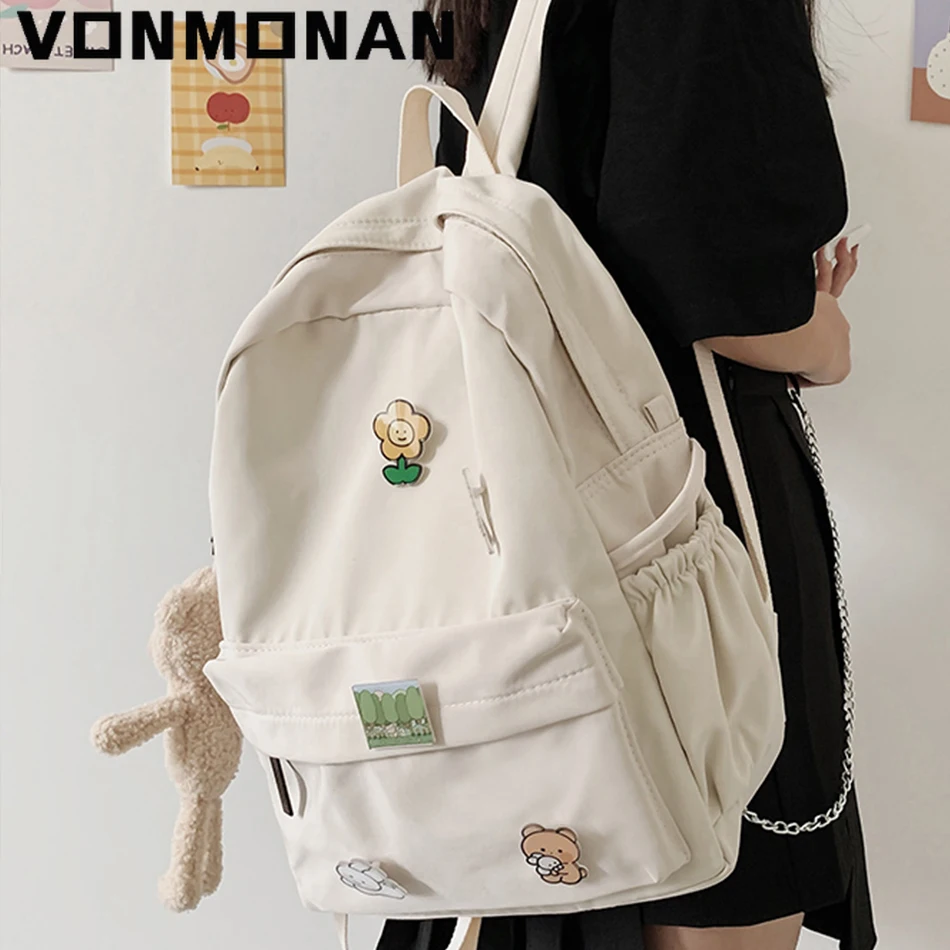 

Women Nylon Cute Backpack Bear Female Student College School Bag Badge Girl Doll Rucksack Kawaii Book Ladies Fashion Bag Trendy