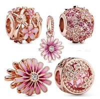 925 sterling silver pink shaded enamel daisy flower pendant charm bead fit women pandora bracelet necklace jewelry