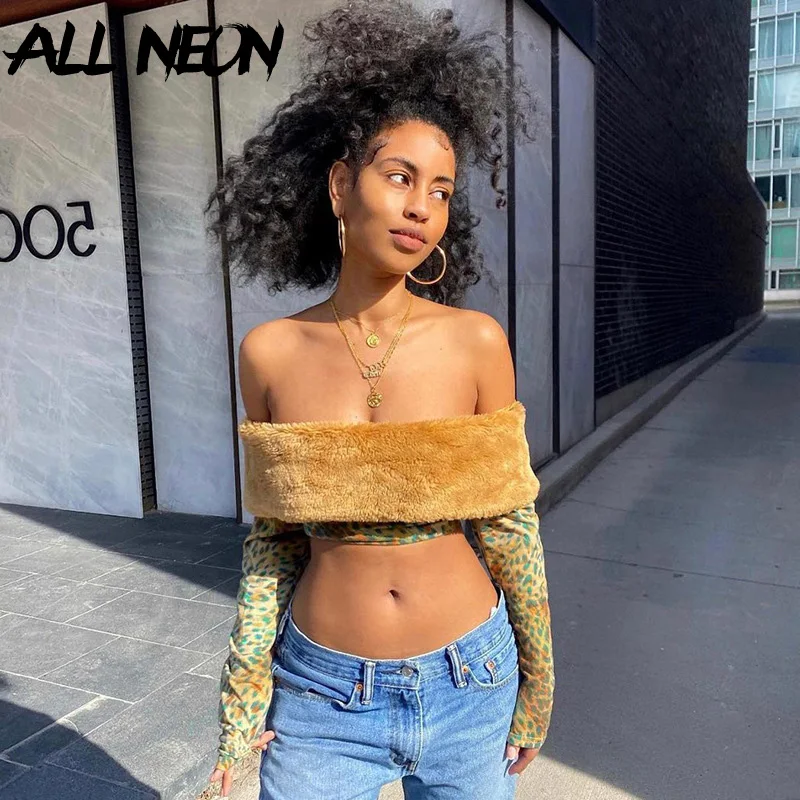 ALLNeon 90s Aesthetics Sexy Off Shoulder Leopard Patchwork Crop Tops Y2K Vintage Streetwear Fake Fur Collar Long Sleeve T-shirts | Женская