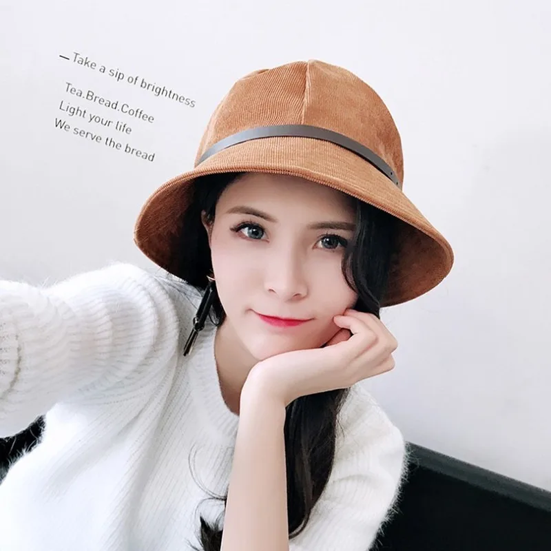 New Women's Casual Belt Basin Hat Autumn and Winter Corduroy Fisherman Hat Korean Version of The Wild Big Foldable Top Hat Tide