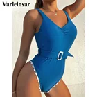 Сексуальный купальник с открытой спиной и поясом, Цельный купальник, женская одежда для плавания, Женский волнистый купальный костюм с высоким вырезом, купальный костюм для женщин V3275