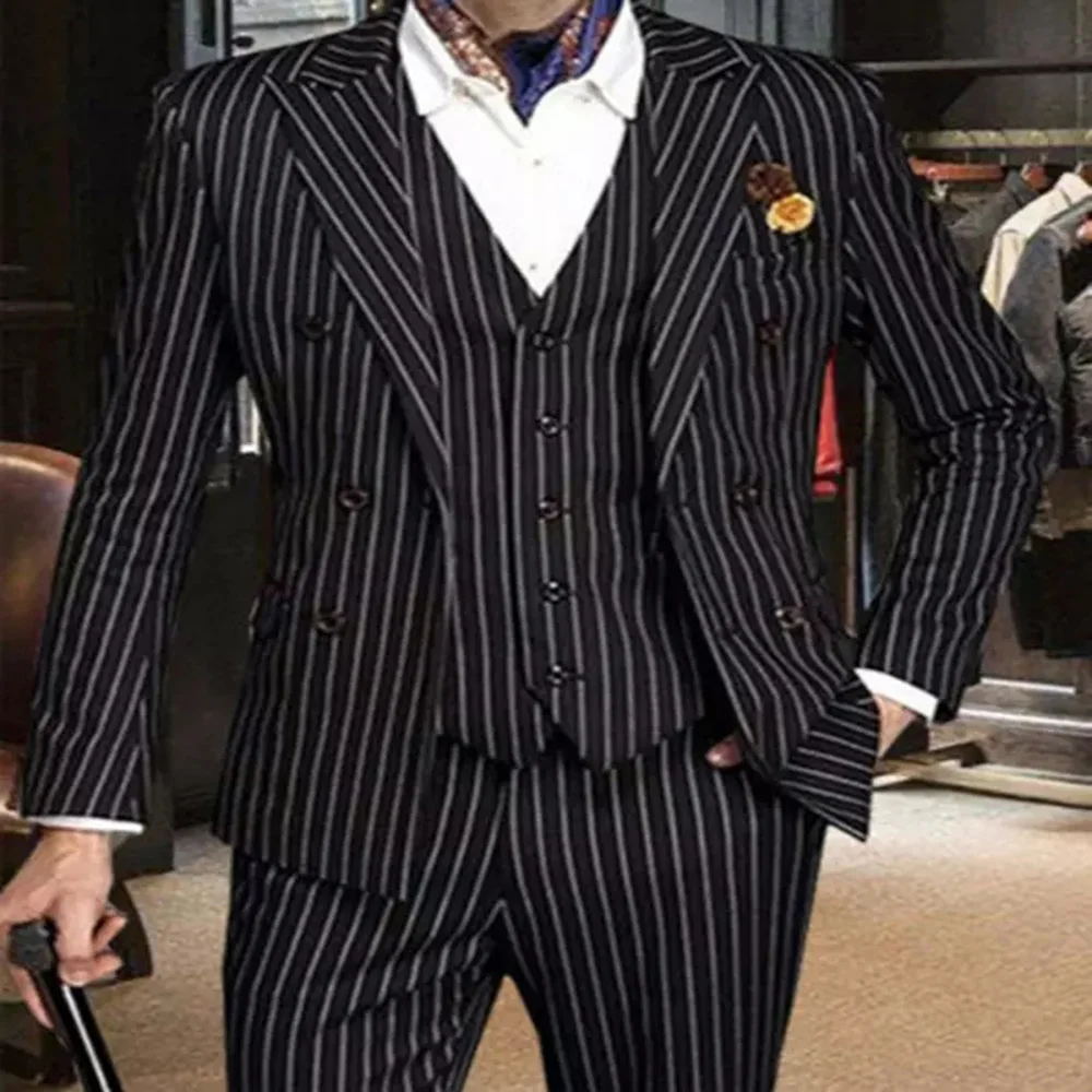 

Black White Striped Double-Breasted Men Suits Groom Wear Peak Lapel Three Piece Polyester+Cotton Formal Business Tuxedo 2021