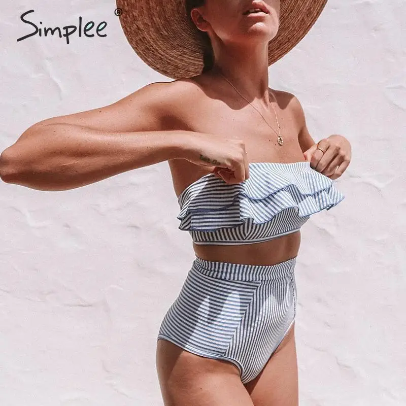 Набор бикини пуш-ап Simplee с рюшами в полоску для женщин Лето 2019 пляжный женский