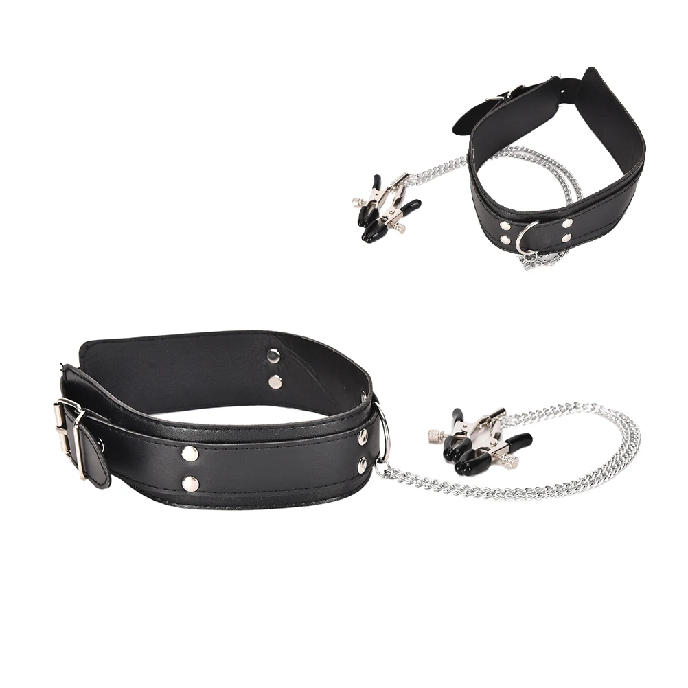 Ошейник из пу кожи зажимы для сосков черный фетиш бдсм бондаж интимные товары