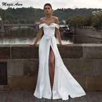 magic awn modest off the shoulder boho wedding dresses side split bow sash simple mariage gowns with pockets vestidos blanco