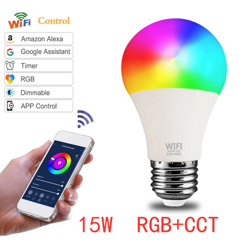 1 шт. 15 Вт WiFi умный светильник B22 E27 LED RGB лампа работает с Alexa Google Home белый