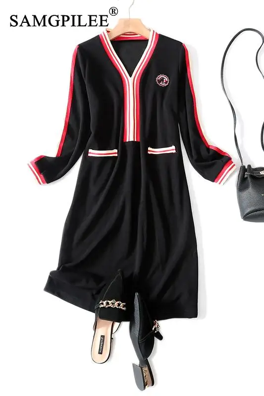 

2020 Autumn Dress Women Plus Size Casual A-line Striped Full Sleeve Appliques Empire V-neck Clothes For Women Winter Sundress