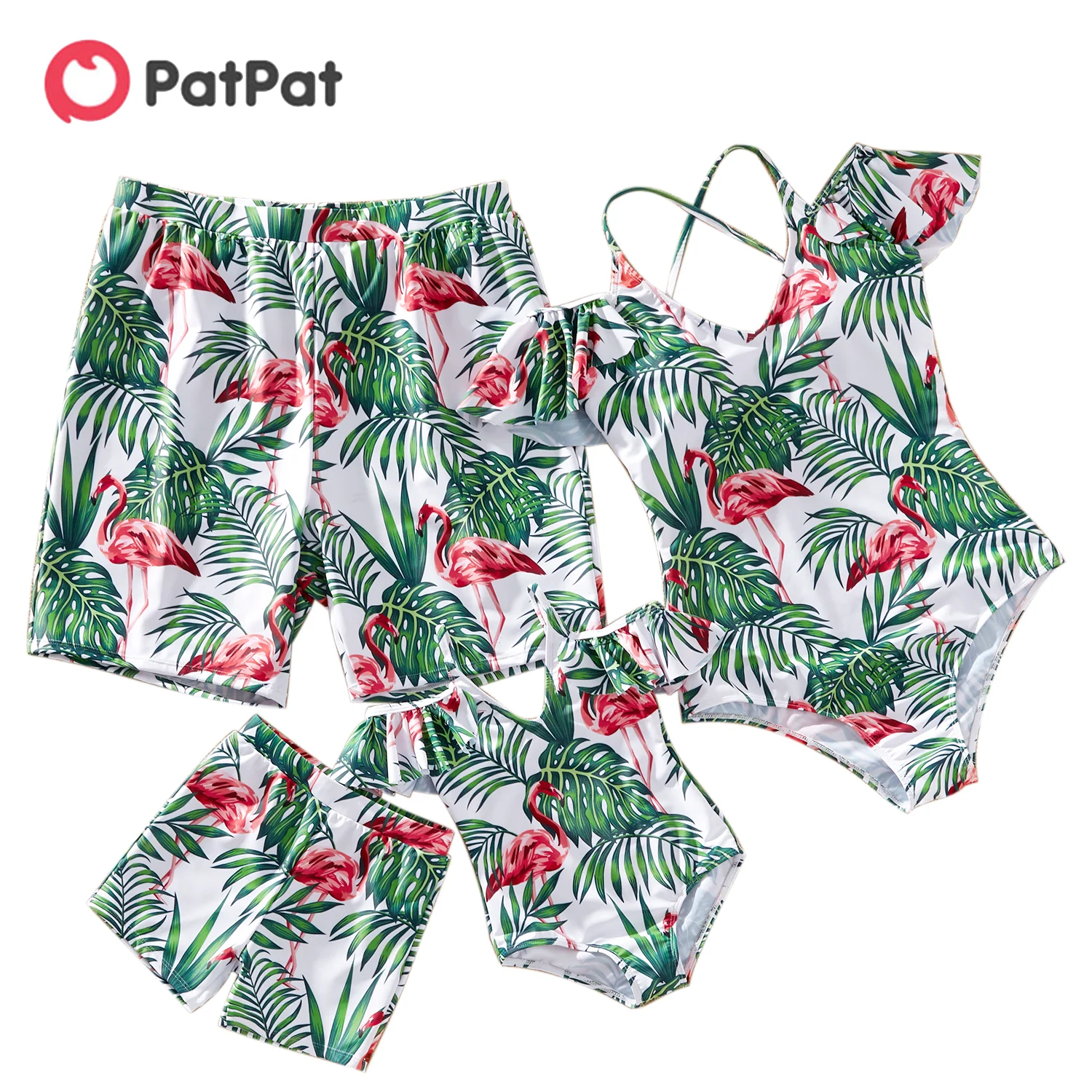 

PatPat 2021 New Summer Family Look Flounce Sleeve Flamingo and Leaf Print One-piece Matching Swimsuits