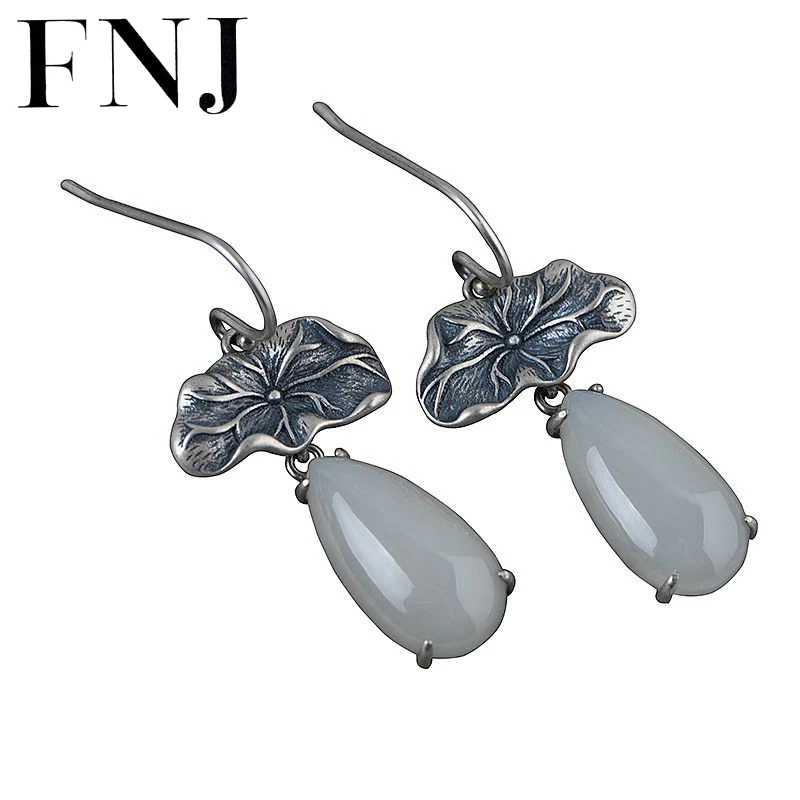 

FNJ Hetian Jade Earrings 925 Silver Original Pure S925 Sterling Silver Drop Earring for Women Jewelry Lotus