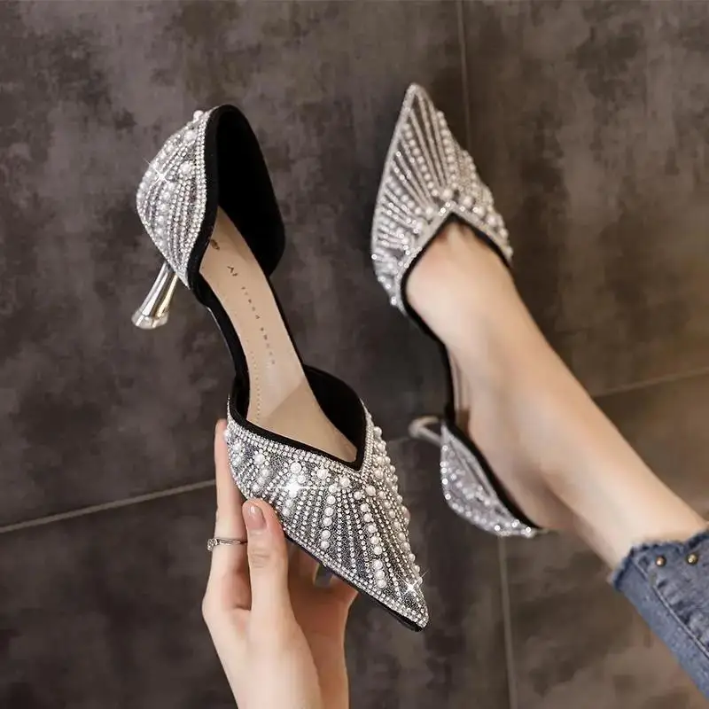 

Женские классические туфли с острым носком, летние туфли на шпильке с кристаллами, женские модные милые черные офисвечерние праздничные Ту...