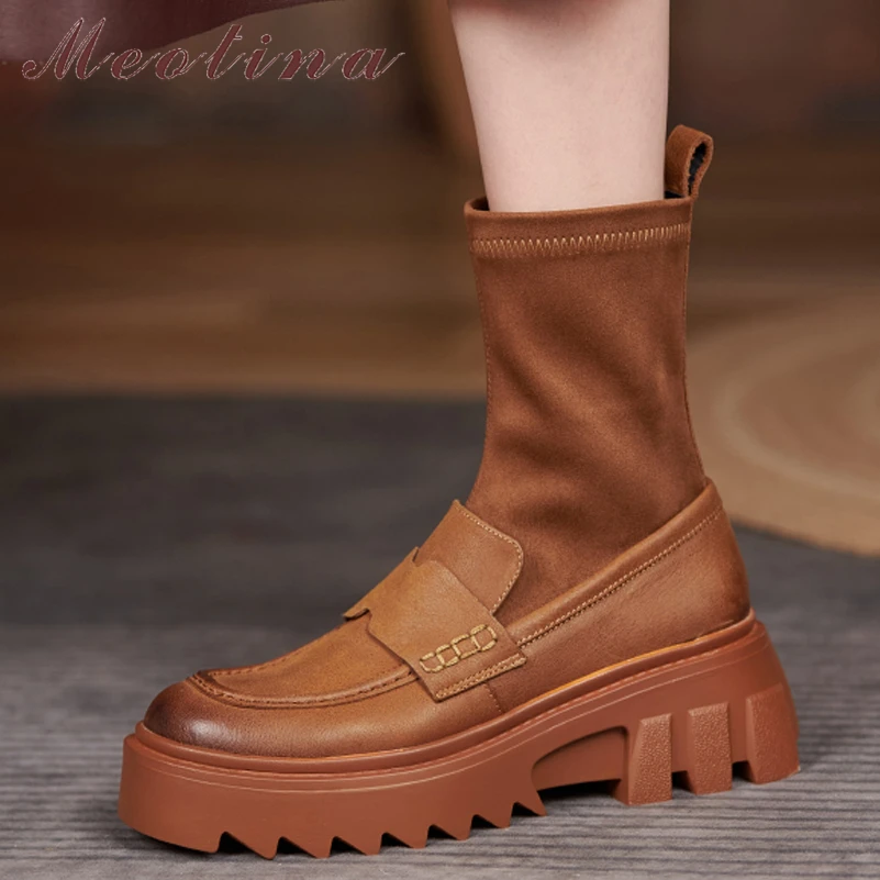

Meotina Women Sock Boots Genuine Leather Ankle Boots Platform Flat Shoes Slip On Round Toe Lady Short Boots Autumn Winter Brown