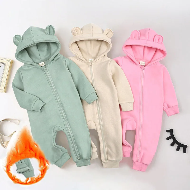 

Bodysuits for Infants Winter Fleece Thicken Hooded Romper Newborns Clothing Solid Color Warm Cute Boys and Girls Baby Costume