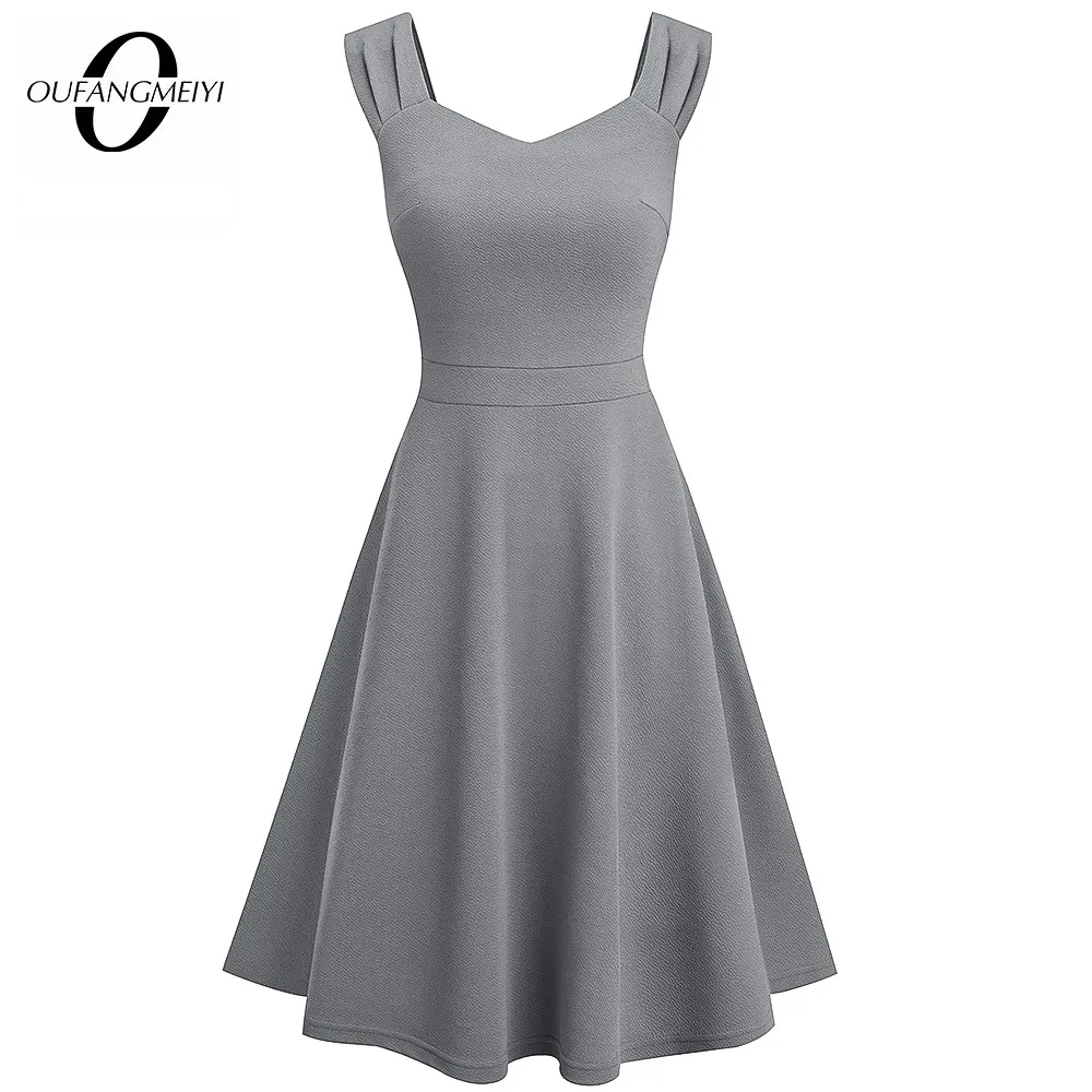 

Women Elegant Brief V Neck Casual Fashion Solid Color Party Vintage Swing A Line Dress EA246