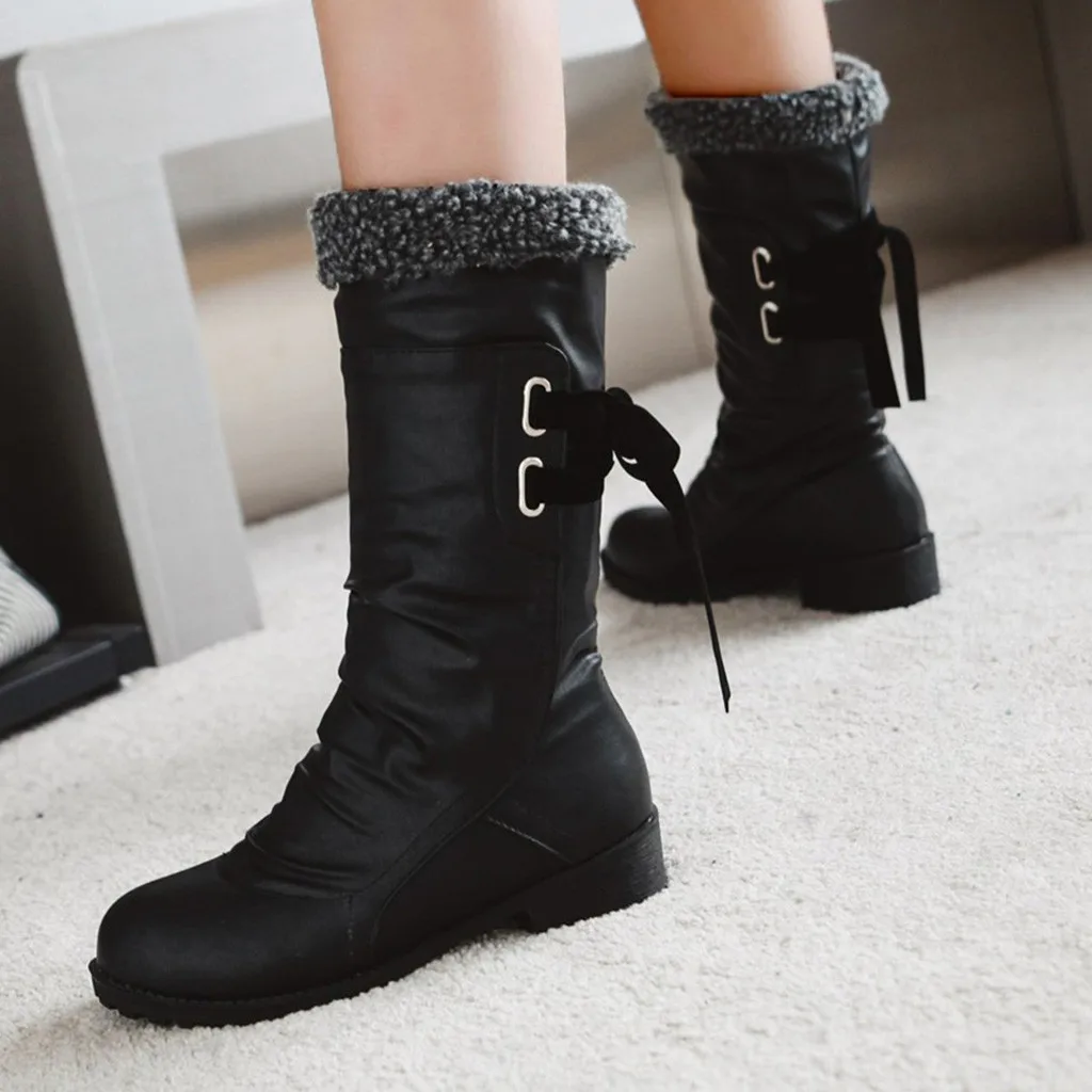 

Fashion Women's Winter Boots Ladies New Round Toe Mid-Calf Shoes Comfortable Flat Warm Boots Stylish Back Lace-Up shoes