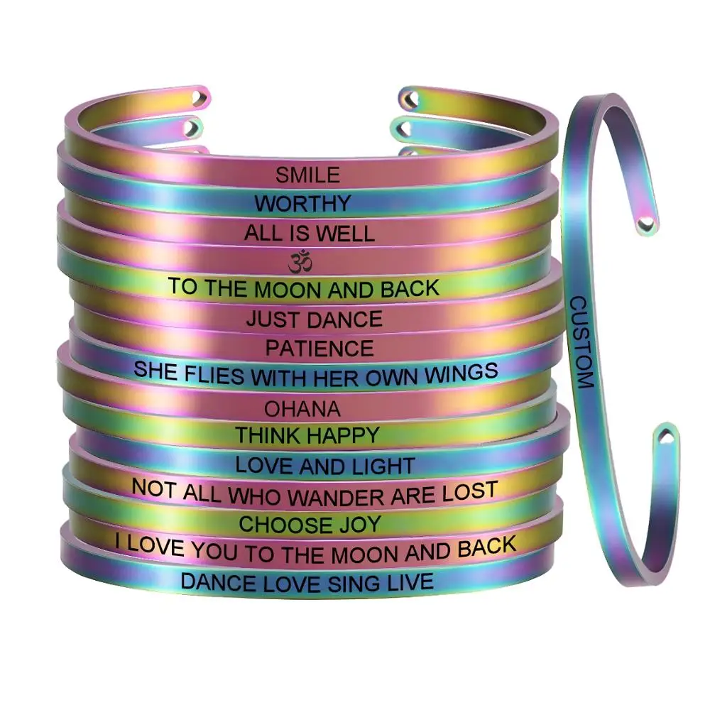 

New Rainbow Stainless Steel Bangle Engraved Positive Inspirational Quote Cuff Mantra Bracelet Gift for Women SL-098