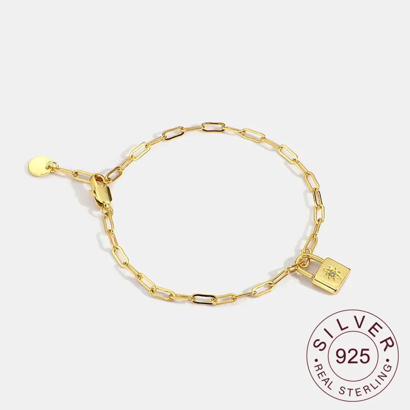 

2021 New 925 Sterling Silver Bracelet For Women Gold Lock Pendant Bracelet Geometric Star Zircon Chain Bangles Jewelry Female