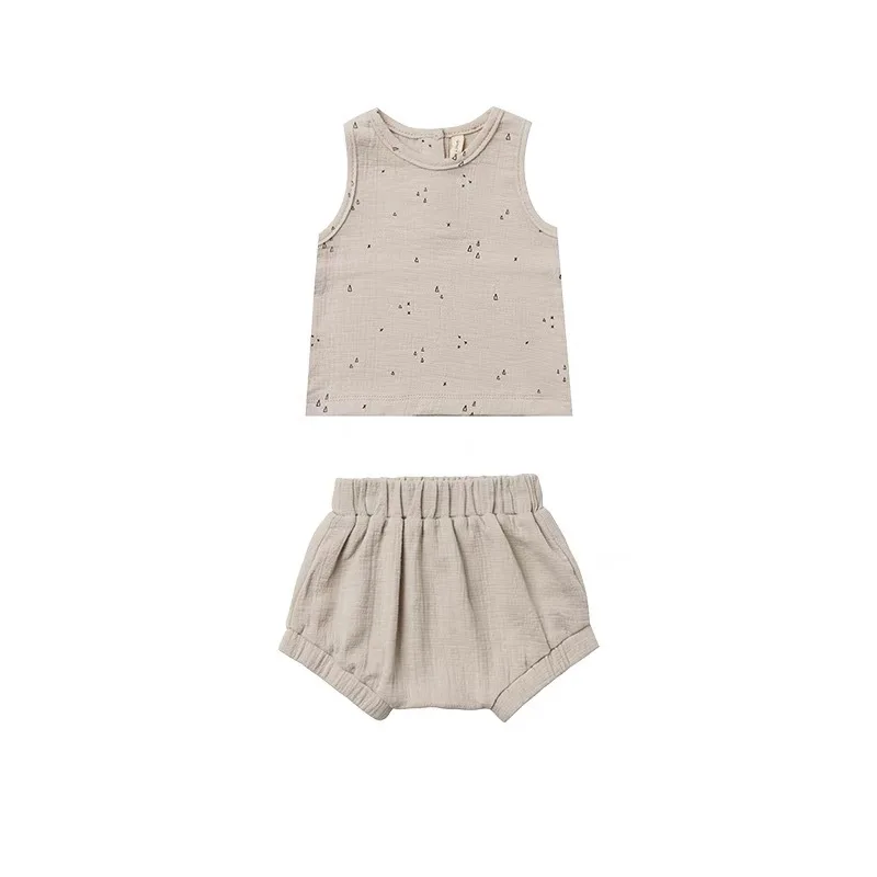 

2021 Baby Summer Clothes Short Sleeve Cotton Linen Suit Solid Color kids summer clothes T-shirt shorts vest suit