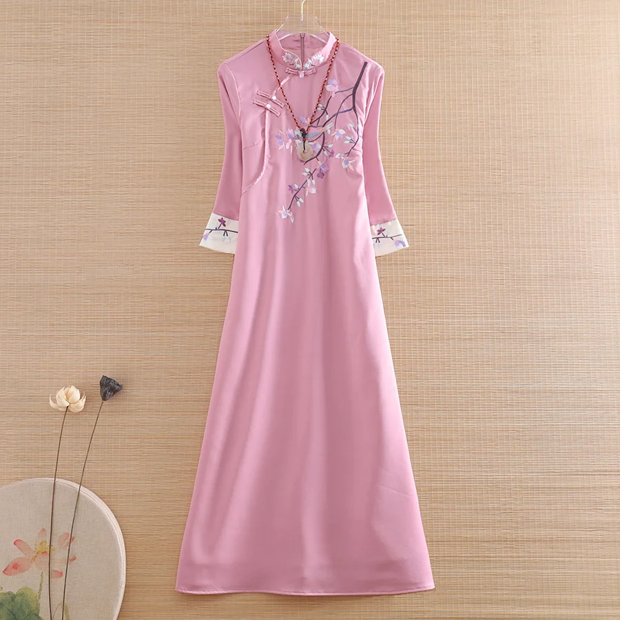 

High-end Autumn Women Embroidery Flowers and Birds Patchwork Cheongsam Dress Retro Elegant Lady Qipao Party Dress Female S-XXL