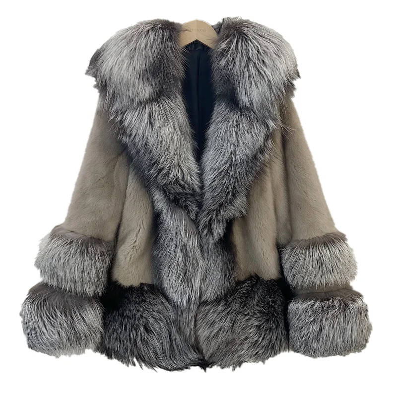 Enlarge 2021Women Winter Coat Fashion Luxurious Mink Outwear Real Natrual Mink Fur Jacket With Big Fox Fur Collar