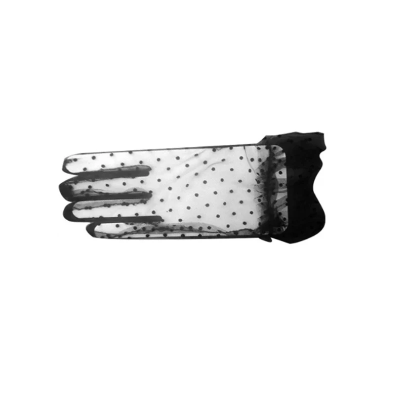 

Women Sheer Lace Short Tulle Full Finger Gloves Vintage Polka Dot Ruffled Mitten 85WB