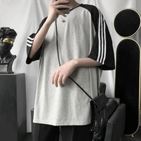 summer spliced hit color short sleeve men tshirts korean style o neck striped couple clothes women vintage oversized top quality
