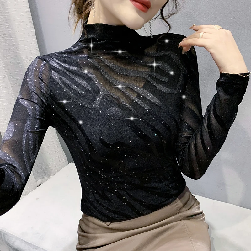 

Новинка Осень-зима 2021 модная и элегантная однотонная сетчатая рубашка Chikichi с высоким воротником Топы для женщин