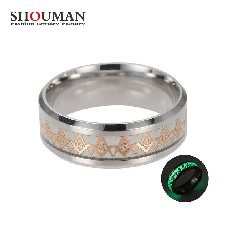 SHOUMAN Never Fade 316L Stainless Steel Freemasonry Masonic Luminous Ring Mason Wedding Ring For Men Women