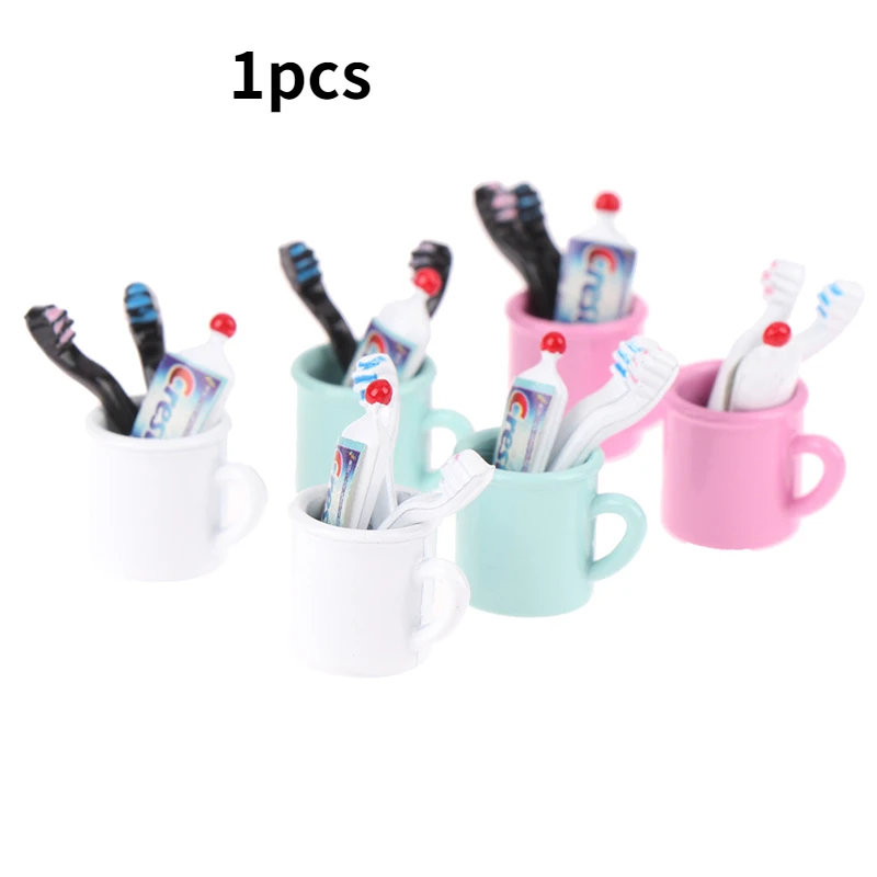 

1 Set 1/12 Doll House Miniature Mini Mouthwash Cup And Toothpaste Toothbrush Set for Dollhouse Bathroom Furniture Decor