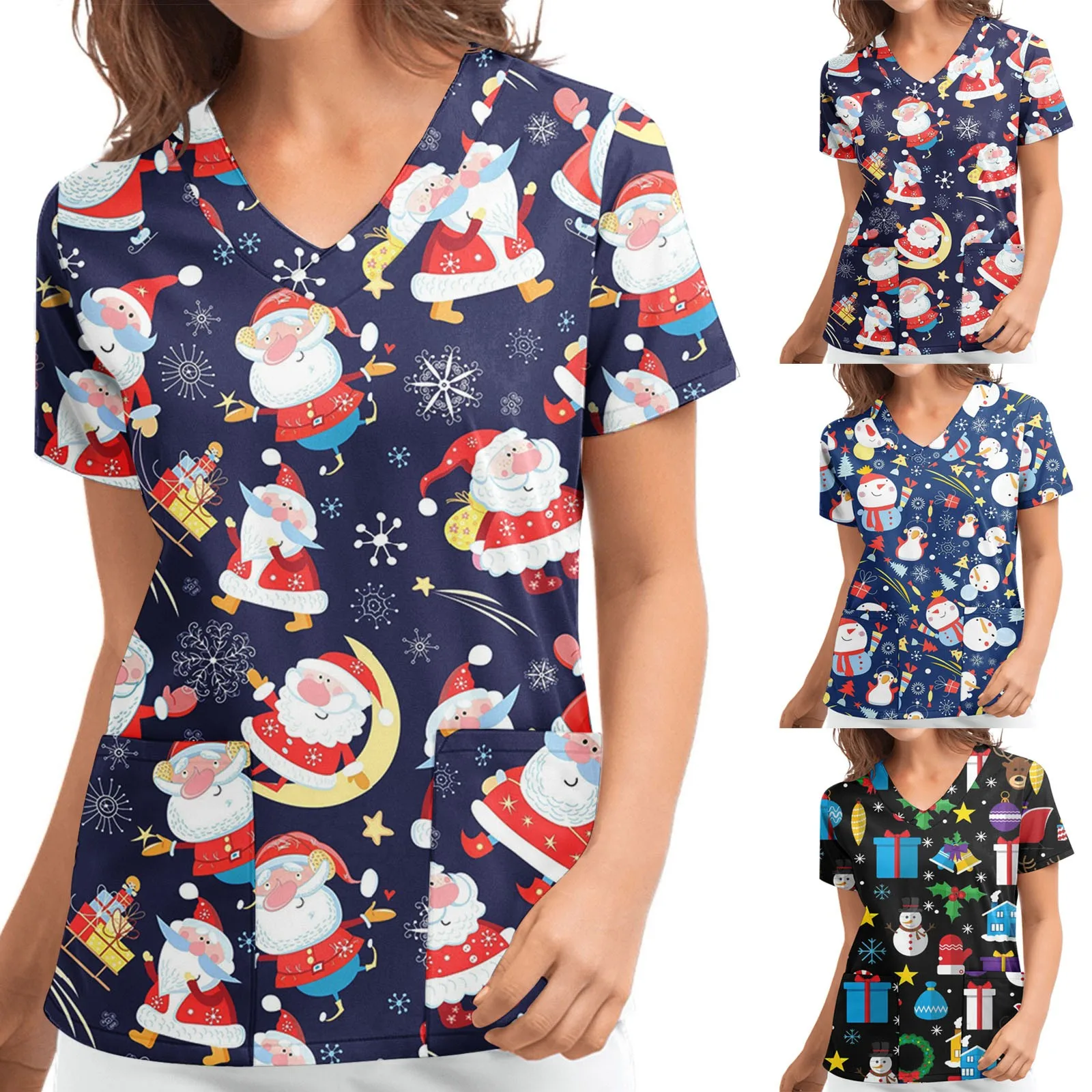 

Nurse Uniform Women Short Sleeve V-neck Tops Working Uniform Christmas Thanksgiving Blouse Uniforms Short Sleeved Pet Tops