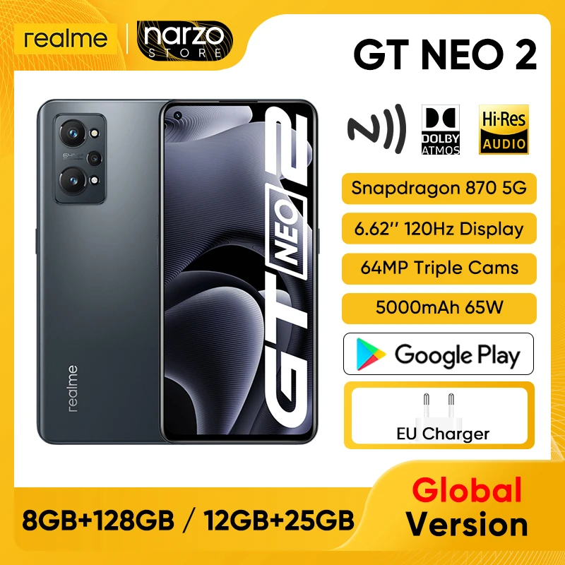 Смартфон глобальная версия realme GT Neo 2, Snapdragon 870 восемь ядер, 128 ГБ/256 ГБ, экран 6,62 дюйма 120 Гц, процессор AMOLED, три камеры 64 мп, 65 Вт
