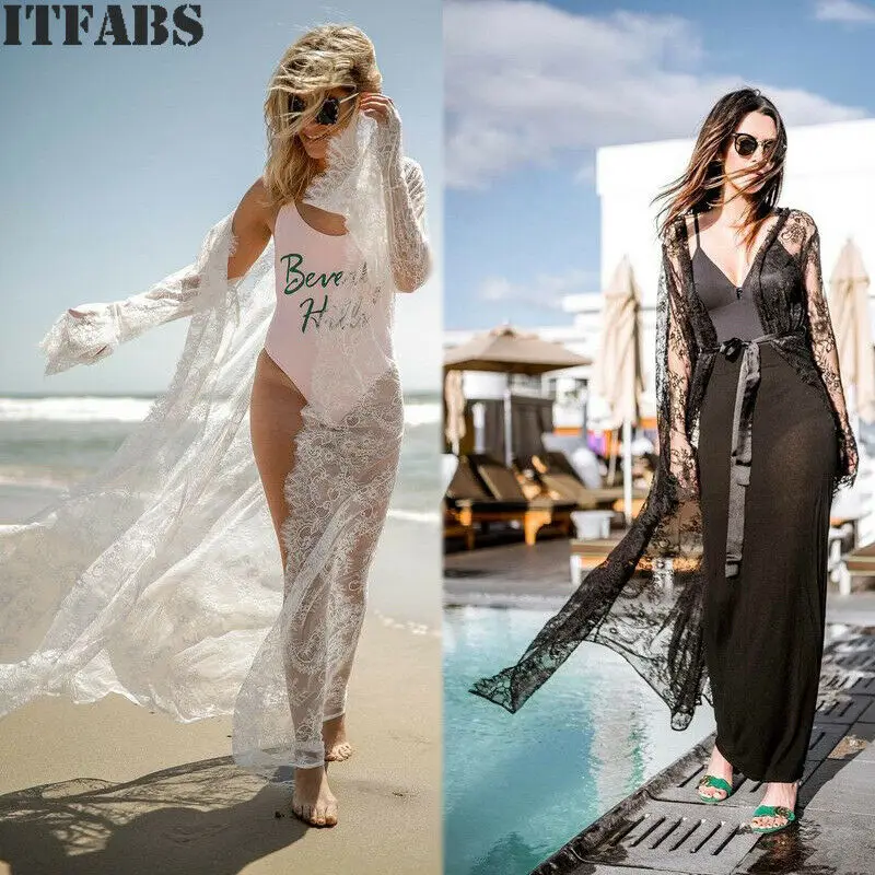 Женское длинное кружевное платье с длинным рукавом цветочный кардиган Пляжное
