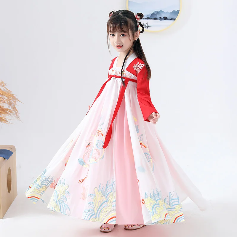 

Girl Hanfu Chinese Traditional Dress For Kids Han/Tang Dynasty Fairy Red Hanfu Children's Day Catwalk Show Stage Costume DQL2261