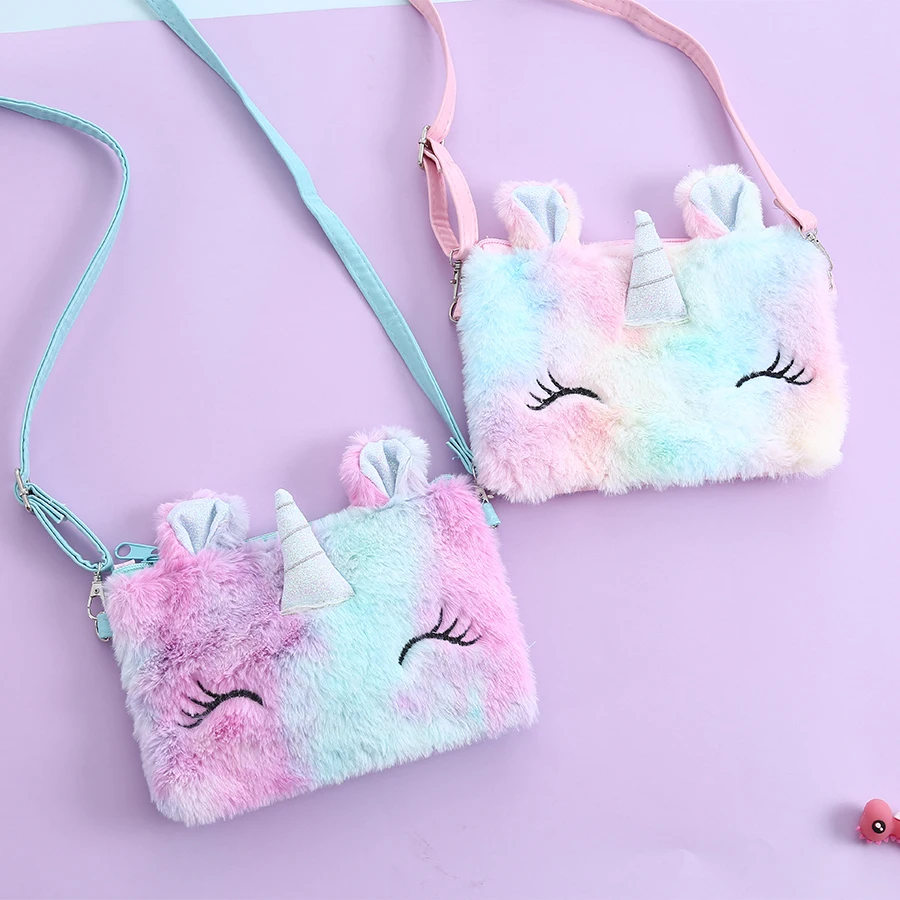Милые косметические сумки через плечо с единорогом красочная меховая женская