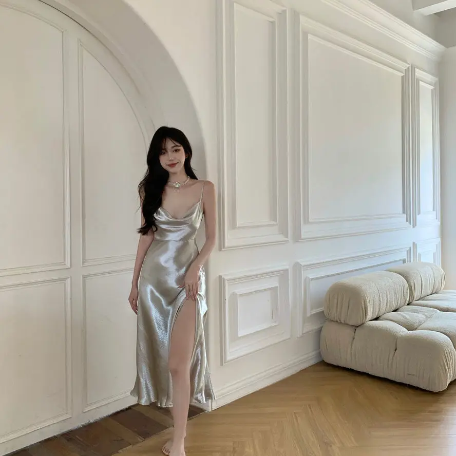 

2021 Summer New Hot Girl Slim Slimming Dress Sling Solid Color Female Satin Sexy Temperament Elegant High Waist Split Skirt