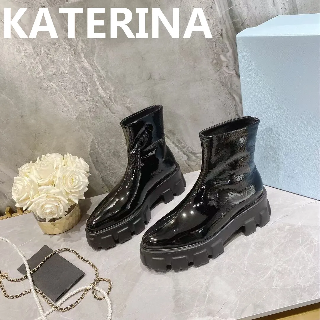 

Leisure Pointy Toe Women Boots Thick Sole Platform Shoes Woman Patent Leather Chelsea Boots Femme Black Ladies Shoes Brand New