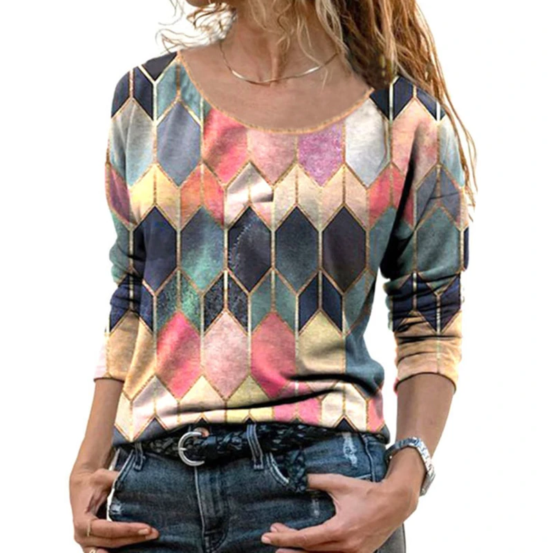 

2021 Women's T-Shirt Long Spring and Summer New Fashion Vintage Printed O-Neck Long Sleeve T-Shirt Casual Soft Top