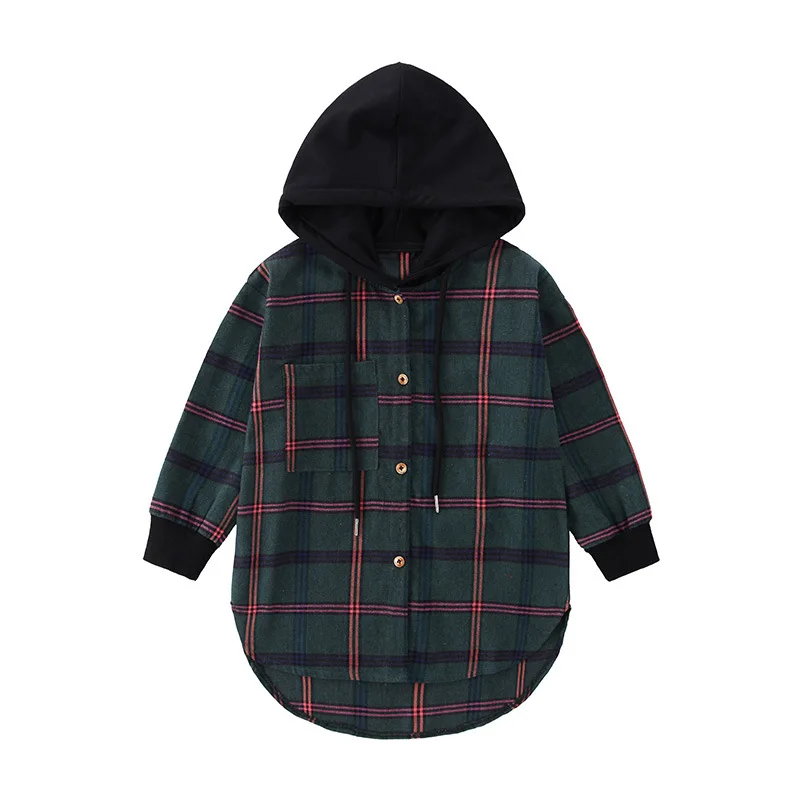 Hot 2019 Children Blouse Girl Cotton Green/Red Plaid Shirts for Teenagers Spring Autumn Fashion Hooded Cardigan Jacket 3 14Yrs|Блузки и