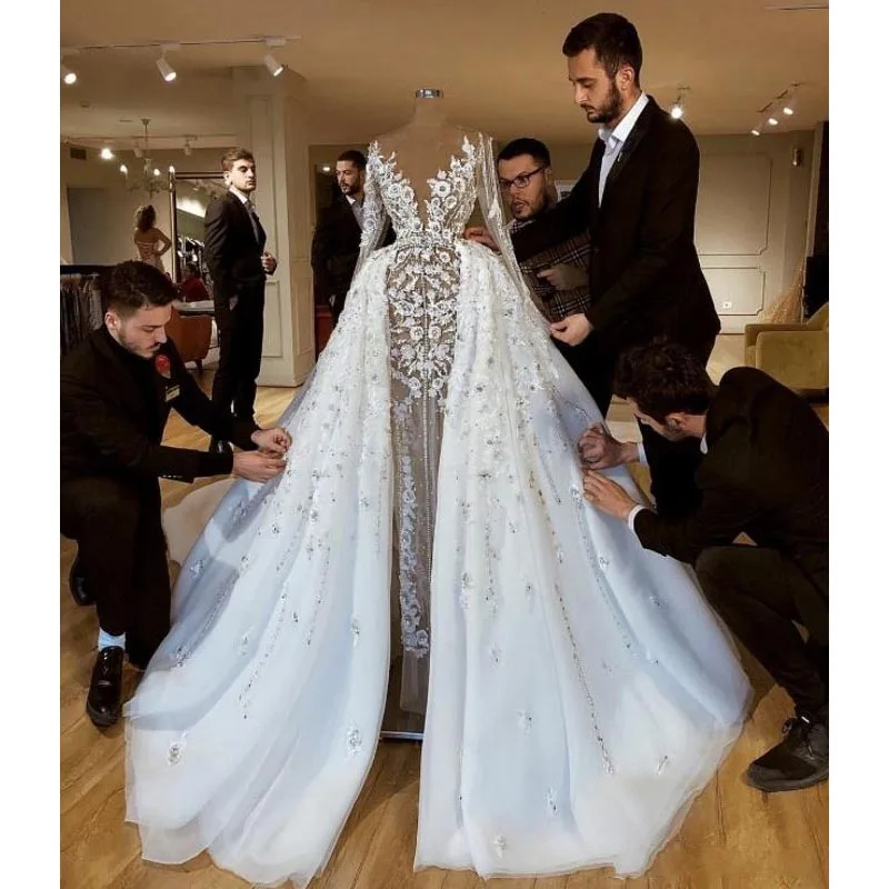 

Vestido De Noiva Luruxy Дубай свадебное платье съемный сексуальный иллюзионный рукав цветы аппликации на заказ свадебные платья