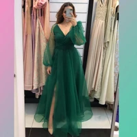 sexy greenred v neck pearls evening dresses illusion long sleeves 2021 tulle prom gowns side slit vintage formal party wear