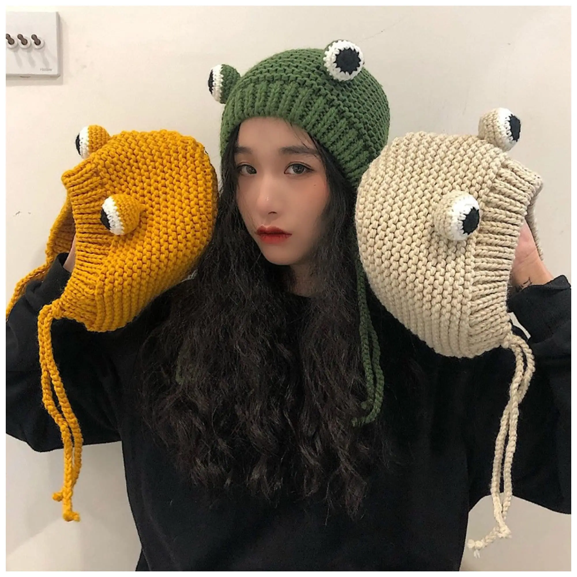 2022 Fashion Women Crochet Knitted Frog Headband Bonnet Beanie Cute Cartoon Big Eyes Frog Hat Winter Earflap Cap Photo Props