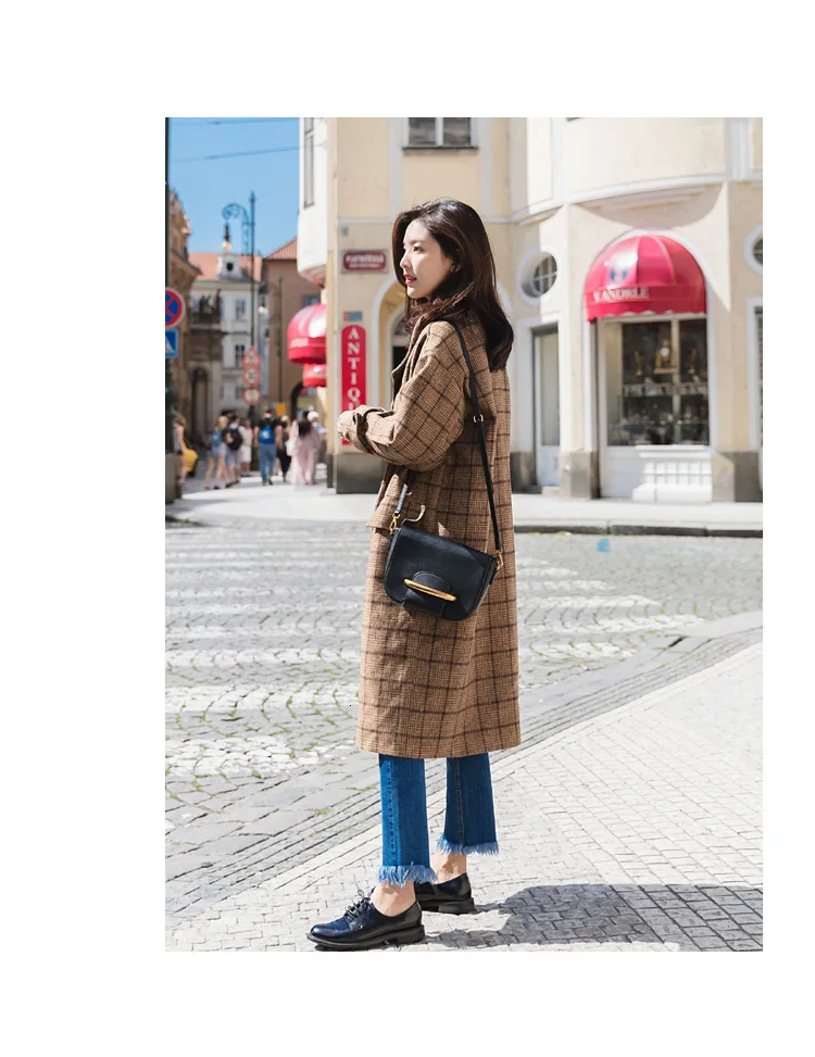 Vintage Plaids Clothes Loose Woollen Coat Women's New Checked Coat Baggy Silhouette Overcoat Tweeds Winter female Outerwear