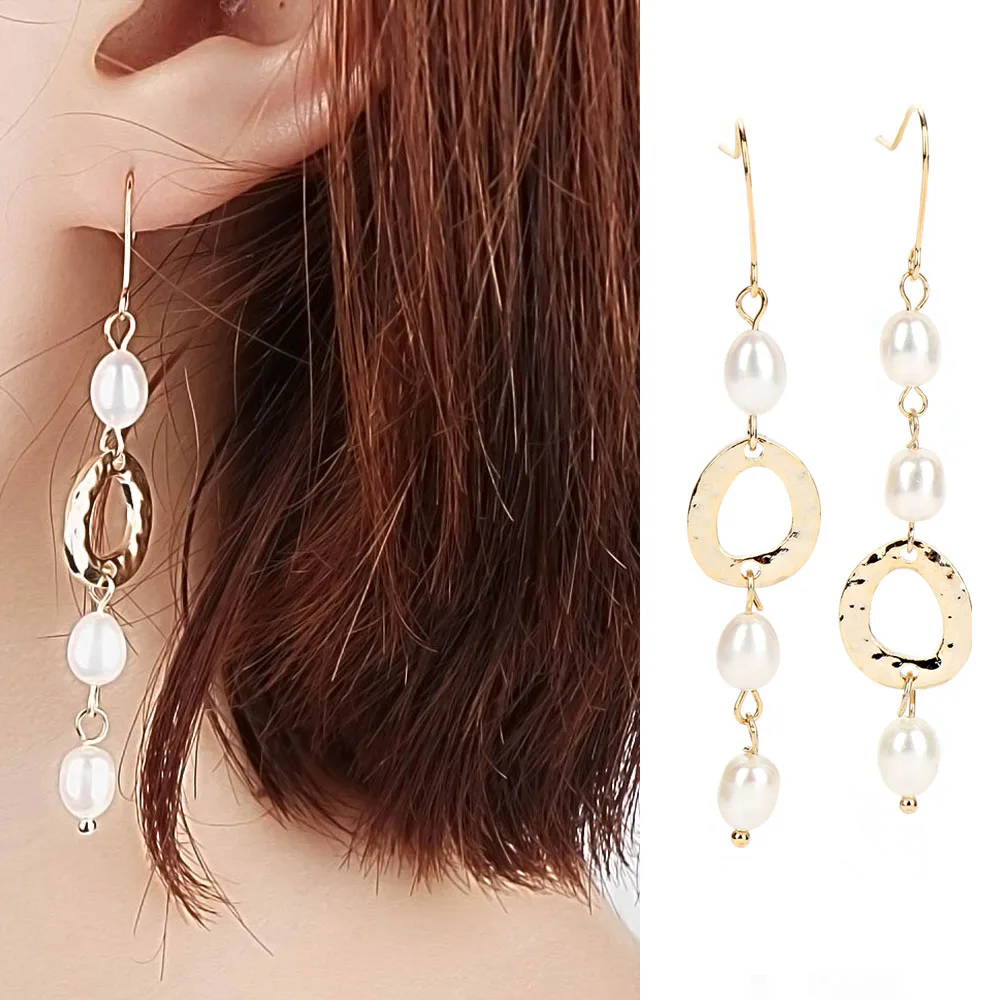 Серьги из натурального пресноводного жемчуга Длинные геометрические серьги