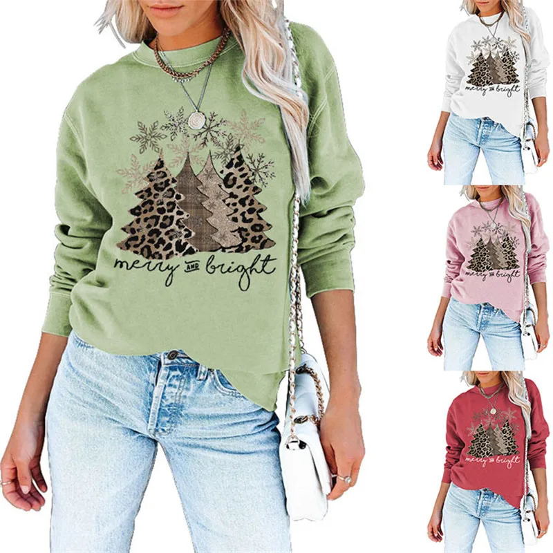 Winter Christmas women's clothing Stretch polyester cotton casual pullover round neck long sleeve guard Merry and lright