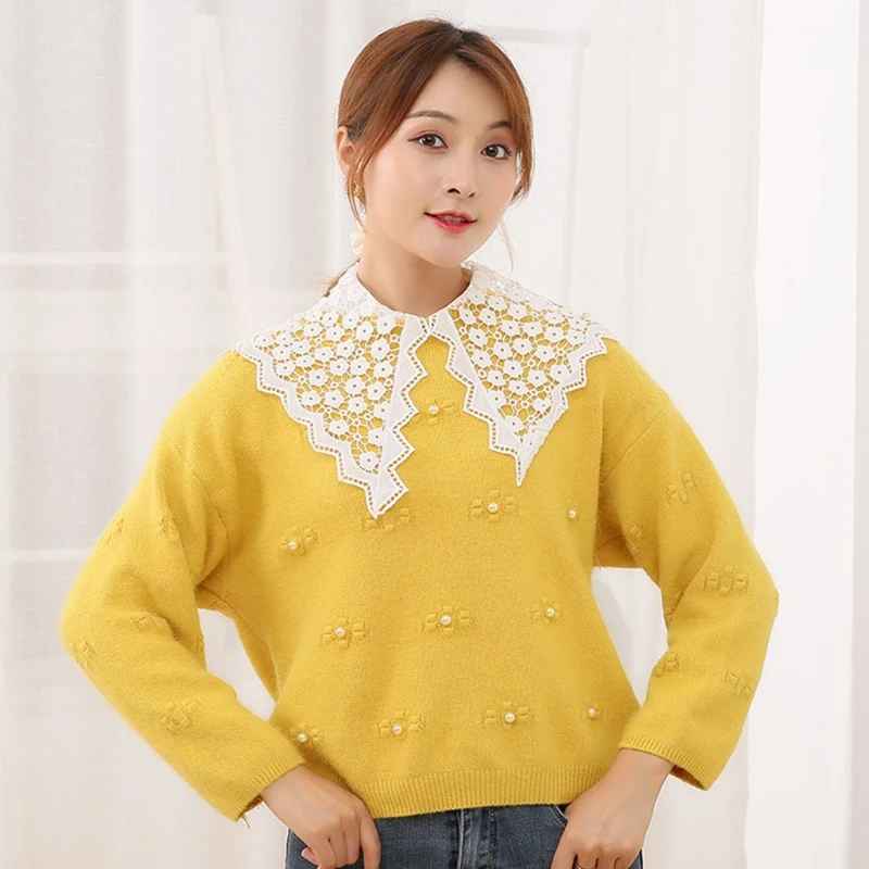 

Women Hollow Out Floral Lace Fake Collar Winter Sweater Detachable Lapel Half-Shirt Decorative Button Down Clothing Accessories