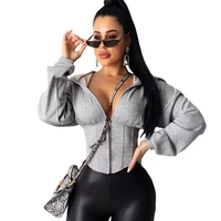 2021 european and american sexy elastic waist loose hooded jacket jacket solid color long sleeved jacket with zipper