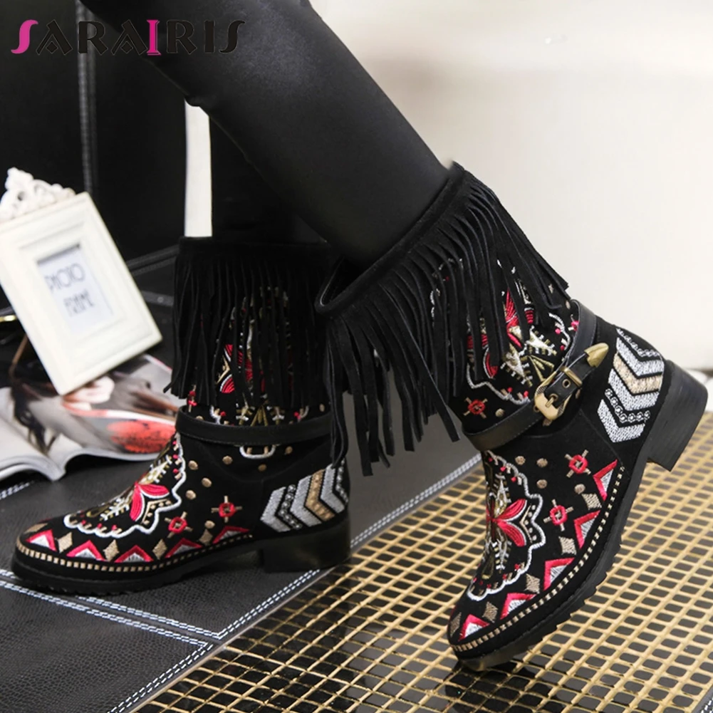 

SARAIRIS Big Size 34-43 Female Rivet Boots Ankle Boots Women Round Toe Chunky Heels Buckle Fringe Embroider Shoes Woman